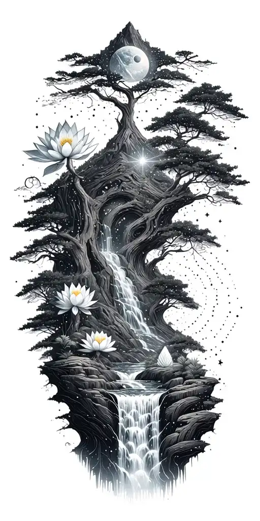 collage of space constellation, Buddhist mountain, trees, waterfall, lotus, mechanical gears of wood, whitespace lines tattoo design idea