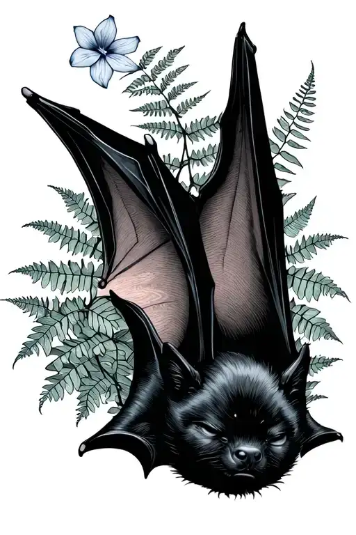 sleeping black bat upside down with ferns and morning glories behind it tattoo design idea