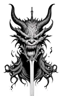 dark, twisted oni demon head with dagger going through it. jagged teeth, long jaw tattoo design idea