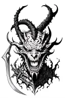 dark, twisted oni demon head with dagger going through it. jagged teeth, long jaw tattoo design idea