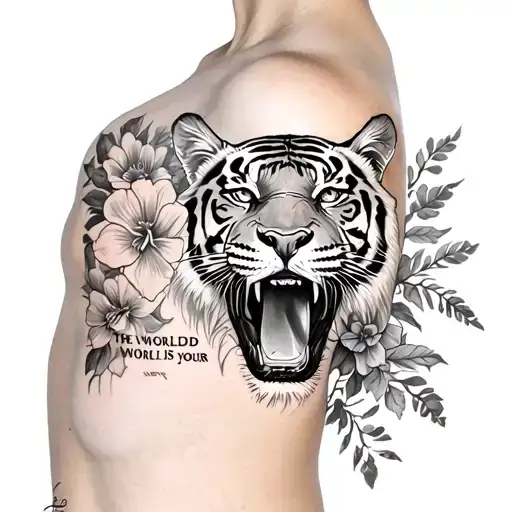 Only shoulder, tiger, flowers and a phrase that says the world is yours from the movie Scarface tattoo design idea