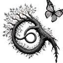Tree of life with Infinity Symbol carved into the trunk of the tree, a butterfly with angel wings tattoo design idea