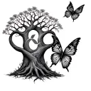 Tree of life with Infinity Symbol carved into the trunk of the tree, a butterfly with angel wings tattoo design idea
