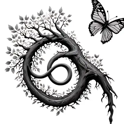 Tree of life with Infinity Symbol carved into the trunk of the tree, a butterfly with angel wings tattoo design idea