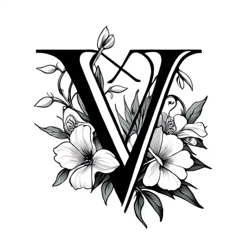 Letter V with Aquarius star sign and snowdrop and carnation flowers  tattoo design idea