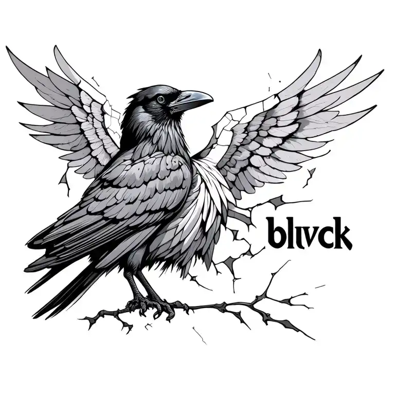 Crow with broken wings and the word blvck tattoo design idea