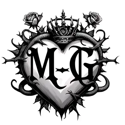 "M G" Gothic-style heart entangled with thorns, topped with a crown, four roses, and two angry snakes with Gothic-style letter tattoo design idea