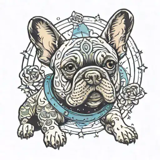 A tattoo of a French bulldog with stardust veins and cosmic symbols intertwined, symbolizing the connection between you, your deceased wife, and your beloved Hazel Mae tattoo design idea