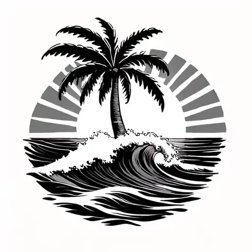 Tattoo with a wave sun and a palm tree tattoo design idea