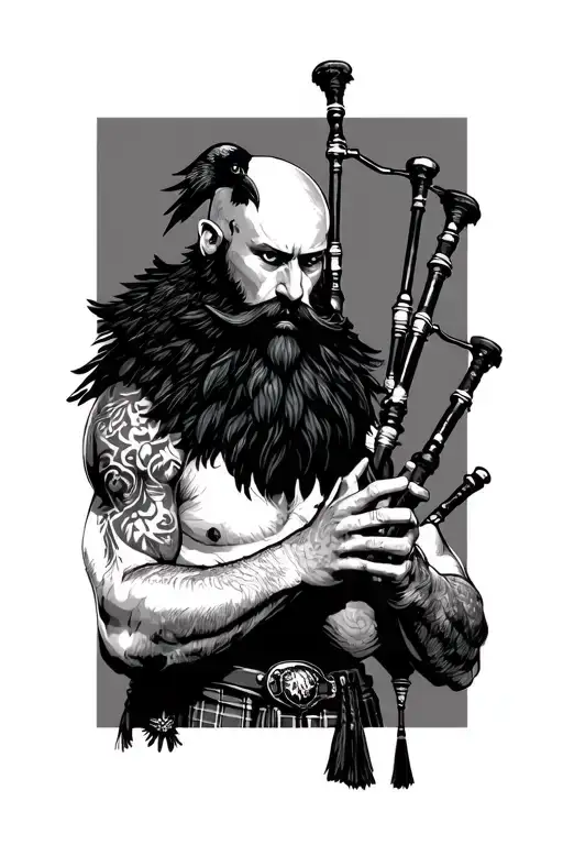 bald bagpiper with black beard with crow featherd muscular body with a mans head and hands playing blackbagpipes tattoo design idea