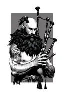 bald bagpiper with black beard with crow featherd muscular body with a mans head and hands playing blackbagpipes tattoo design idea