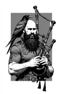 bald bagpiper with black beard with crow featherd muscular body with a mans head and hands playing blackbagpipes tattoo design idea