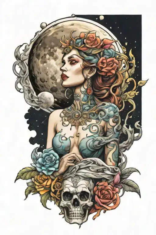 wisdom goddess full body standing front facing powerful sexy full moon rising colorful tattoo design idea