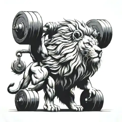 A majestic lion lifting weights with a military helmet on, symbolizing strength and courage tattoo design idea