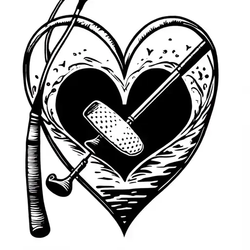 fishing pole with a golf club inside a heart with a birthdate inside the heart  tattoo design idea