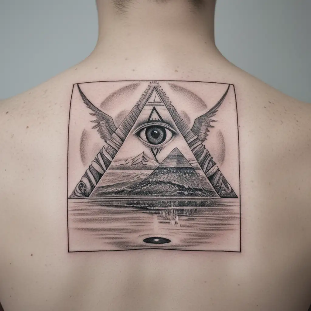 a big Florence in evil gothic spelling with demons and angels around it with the Illuminati all seeing eye the pyramid  tattoo design idea