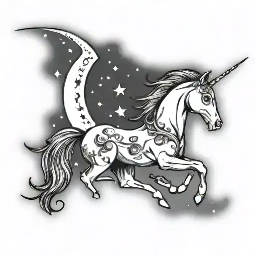 full crescent moon with an even smaller unicorn head inside facing right, no filling, with stars around tattoo design idea