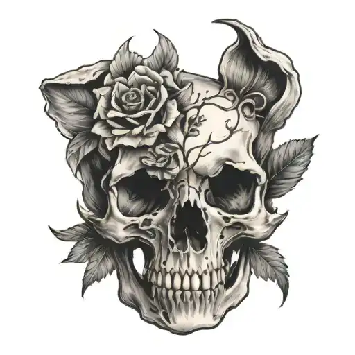 canine skull with flowers around it tattoo design idea