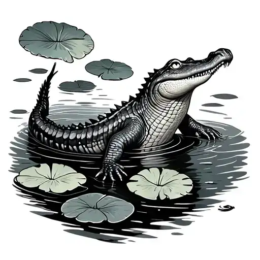 Crocodile swimming through lily pads tattoo design idea