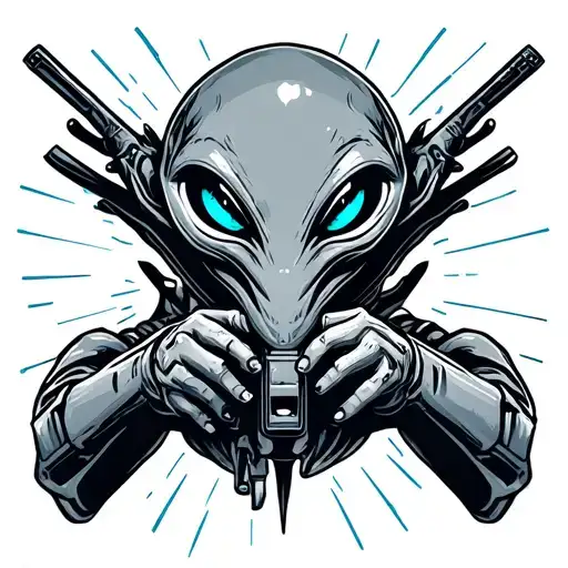 alien with blue eyes and ray gun tattoo design idea