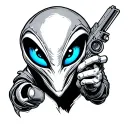 alien with blue eyes and ray gun tattoo design idea