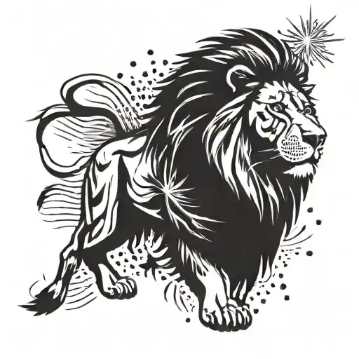 A majestic lion with fireworks bursting in the background, symbolizing the Fourth of July celebration tattoo design idea