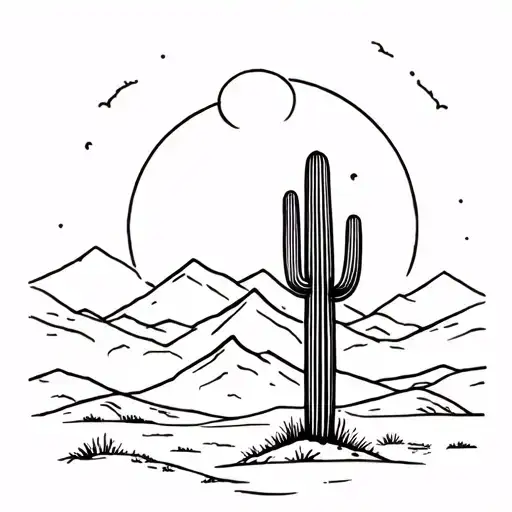 Saguaro cactus, prickly pear, sunrise, mountain scene tattoo design idea
