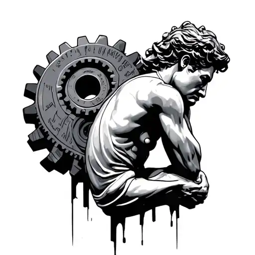 the thinker statue in profile with gears in the background  tattoo design idea