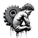the thinker statue in profile with gears in the background  tattoo design idea