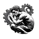 the thinker statue in profile with gears in the background  tattoo design idea