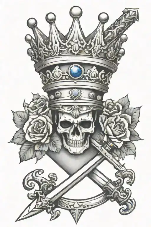 masculine - crown, sword, and sapphire gemstone tattoo design idea