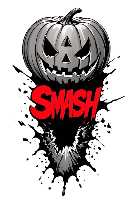 pumpkin smashing apart with the word smash written in red comic book style  tattoo design idea