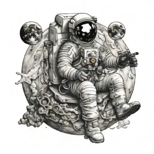 Astronaut Sitting On The Moon smoking  centred tattoo design idea