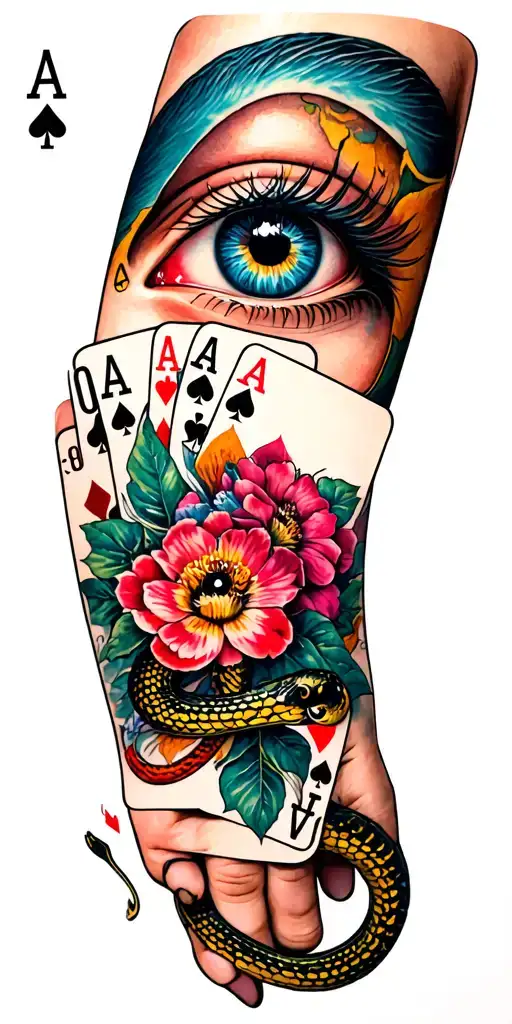 eye at the top of with floral and ace cards with snake on wrist tattoo tattoo design idea
