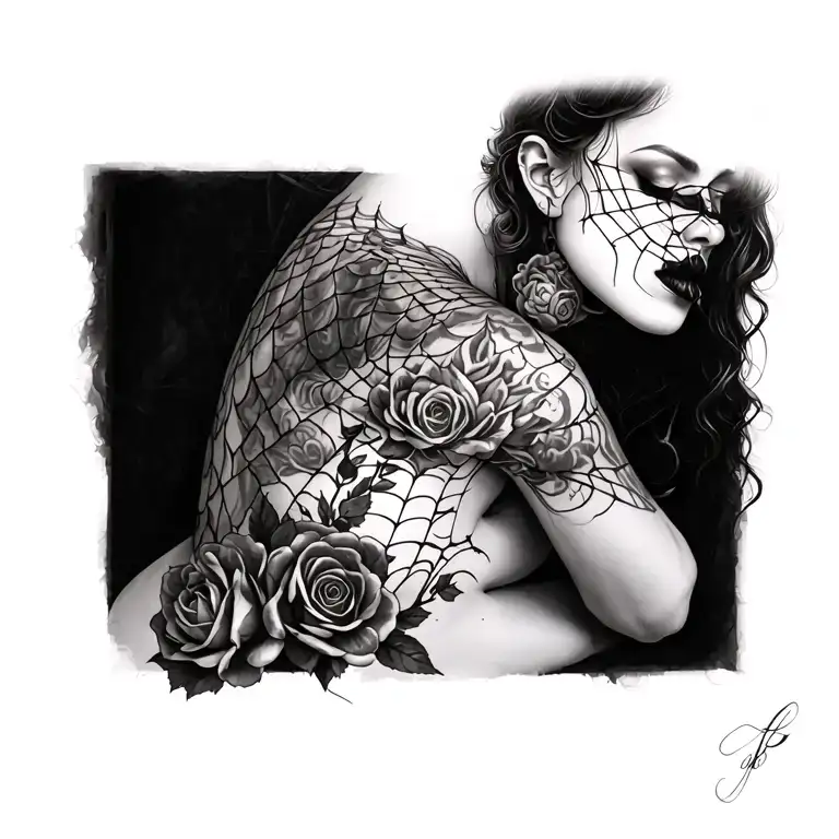 womans body wrapped in spider web covering her private parts and  a web over her mouth along with roses and ornamental tattoo design idea