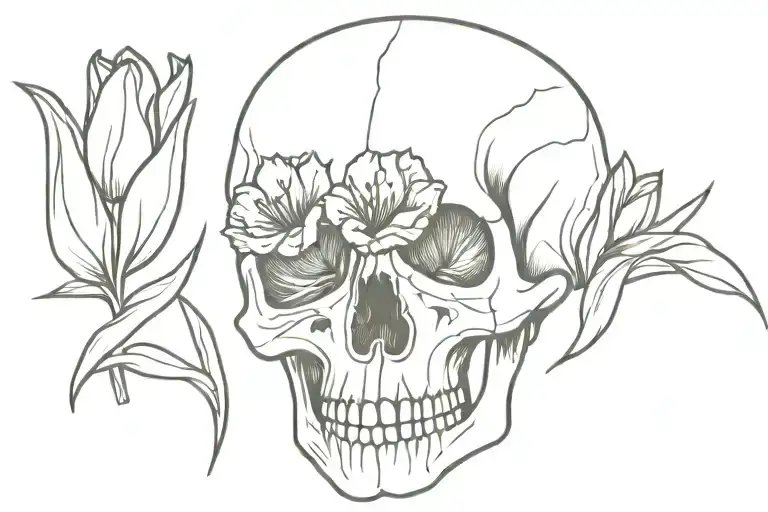 side of skull with tulips   tattoo design idea