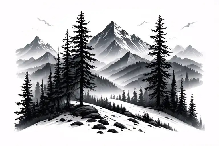 realistic and Appalachian forest and mountains tattoo design idea