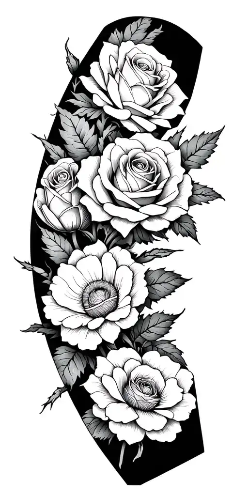 A tattoo of two roses and four other flowers, in total black, for a man on the arm. tattoo design idea