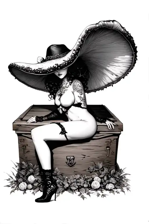 sexy gothic women whose eyes are hidden in shadow by oversized mushroom hat sitting on the edge of large open oak casket tattoo design idea