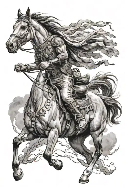 indian cheif riding a bucking grey horse feathers flow into the sky tattoo design idea