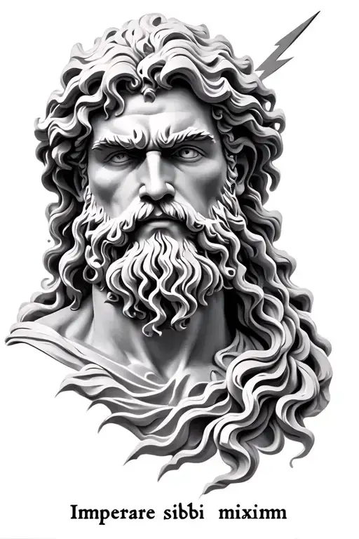 zeus with wavy hair and beard, lightning comes from his eye sculpture style. add text in the bottom: Imperare sibi maxim tattoo design idea