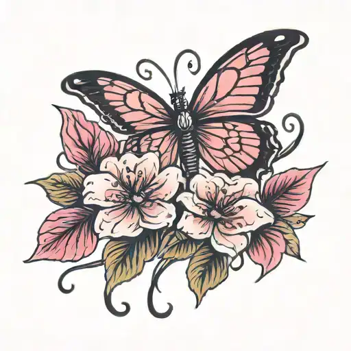 butter fly pink flowers tattoo design idea