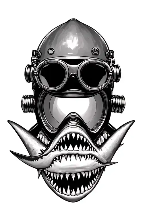 diver helmet surrounded by shark teeth tattoo design idea