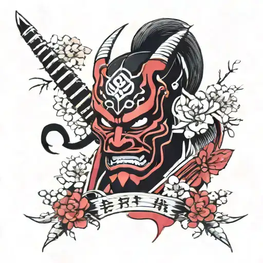 black and red oni mask pierced with sword. surrounded by blossoms and the japanese kanji for "strength" on forehead tattoo design idea