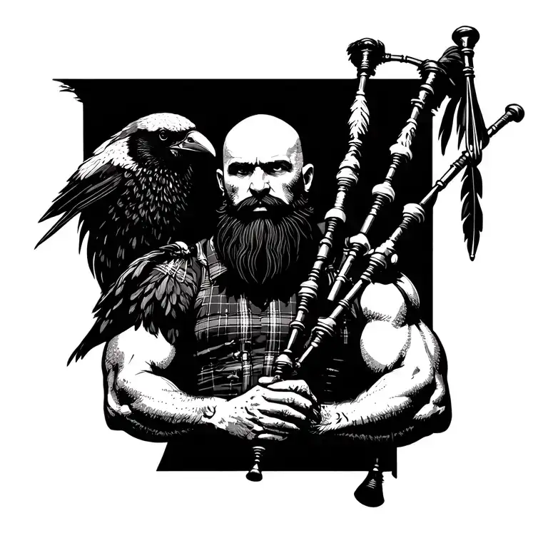 bald bagpiper with black beard with crow featherd muscular body with a mans head and hands playing blackbagpipes tattoo design idea