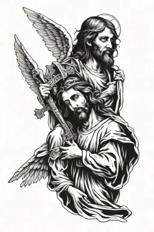 2 angels with cross on shoulder then jesus under tattoo design idea
