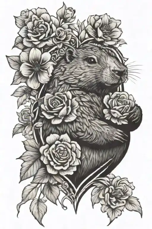 flowers heart groundhog tattoo design idea