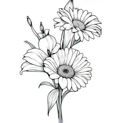a fine line bouquet with a single calla lily, a single gerber daisy, and a single carnation tattoo design idea