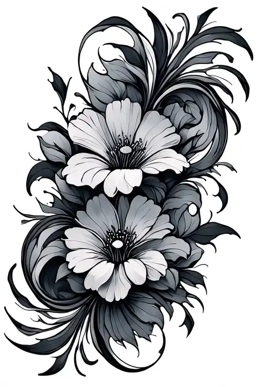Triskel with wave, fine black line, two three flowers with tattoo design idea