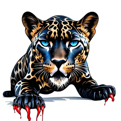 A panther on all fours, blue eyes, slight blood on claws. Tasteful art tattoo. some patterns tattoo design idea